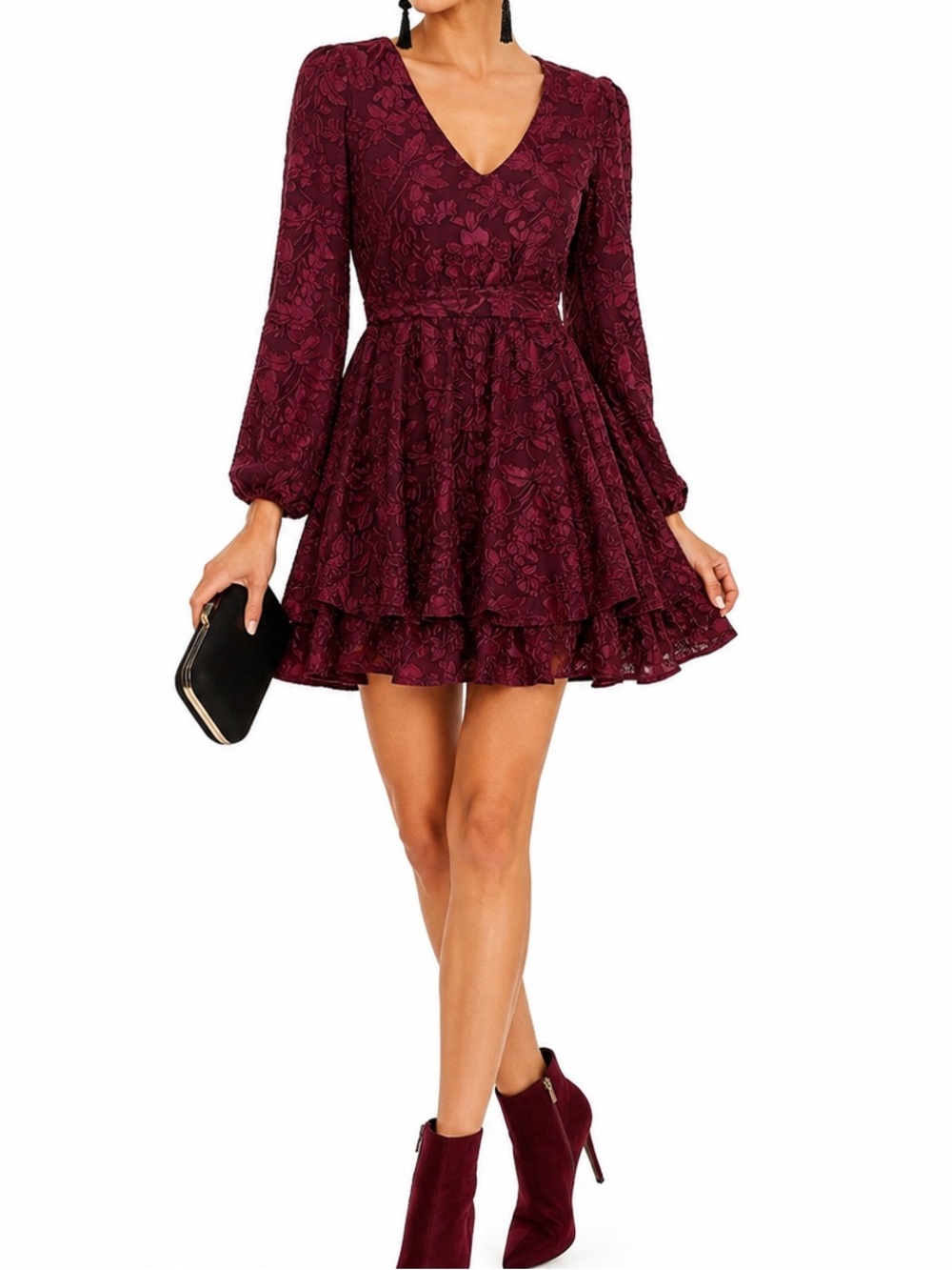 ALLISON & KELLY ROMANTIC MAROON FLORAL VELVET TIERED DRESS SZ SM NWTS!